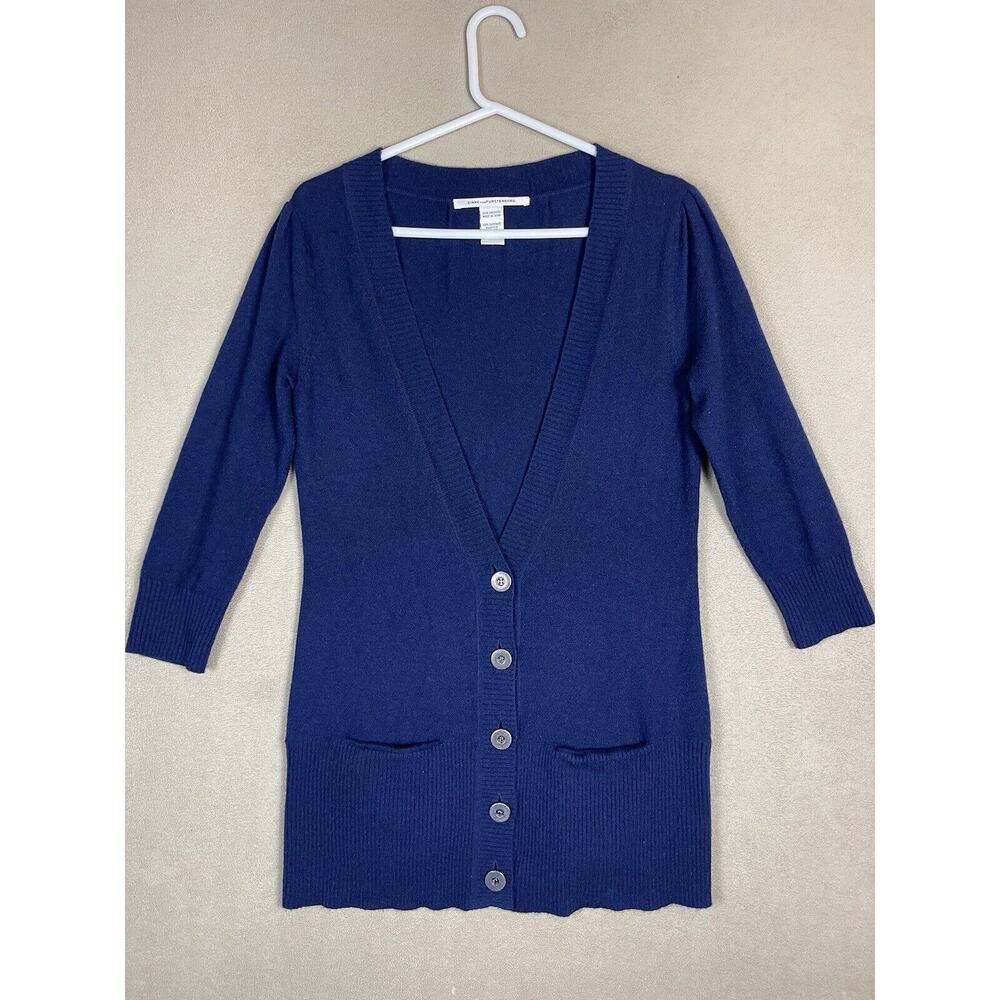 Diane Von Furstenberg Sweater Womens Medium Blue Cashmere Button‎ Up 3/4 Sleeve